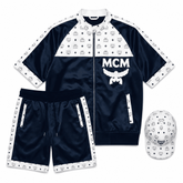 MCM Style Short Sleeve Leather Tracksuit Blue White Matching Shorts Set with Hat