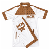 MCM Style Short Sleeve Leather Tracksuit White Brown Matching Shorts Set