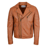Maxkik Men’s Biker Leather Jacket Dual Zip Hook Tan Motorcycle Jacket