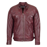 Maxkik Men’s Biker Leather Jacket Standing Collar Burgundy Motorcycle Jacket