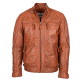 Maxkik Men’s Biker Leather Jacket Standing Collar Tan Motorcycle Jacket