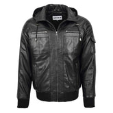 Maxkik Mens Leather Bomber Jacket with Hoodie Black Leather Jacket