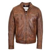 Maxkik Men’s Leather Biker Jacket Brown Cafe Racer Motorcycle Jacket