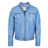 Maxkik Men’s Leather Biker Jacket Sky Blue Cafe Racer Jacket