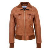 Maxkik Women’s Leather Classic Bomber Jacket Tan Leather Aviator Jacket