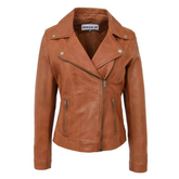 Maxkik Women’s Soft Leather Cross Zip Biker Jacket Tan Leather Moto Jacket