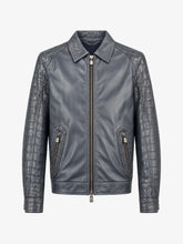 Billionaire Crocodile-Effect Panelled Leather Jacket Dark Blue