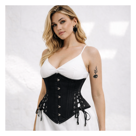 Maxkik Handmade Black Underbust Steel Boned Corset with Hip Ties Waist Training Shapewear