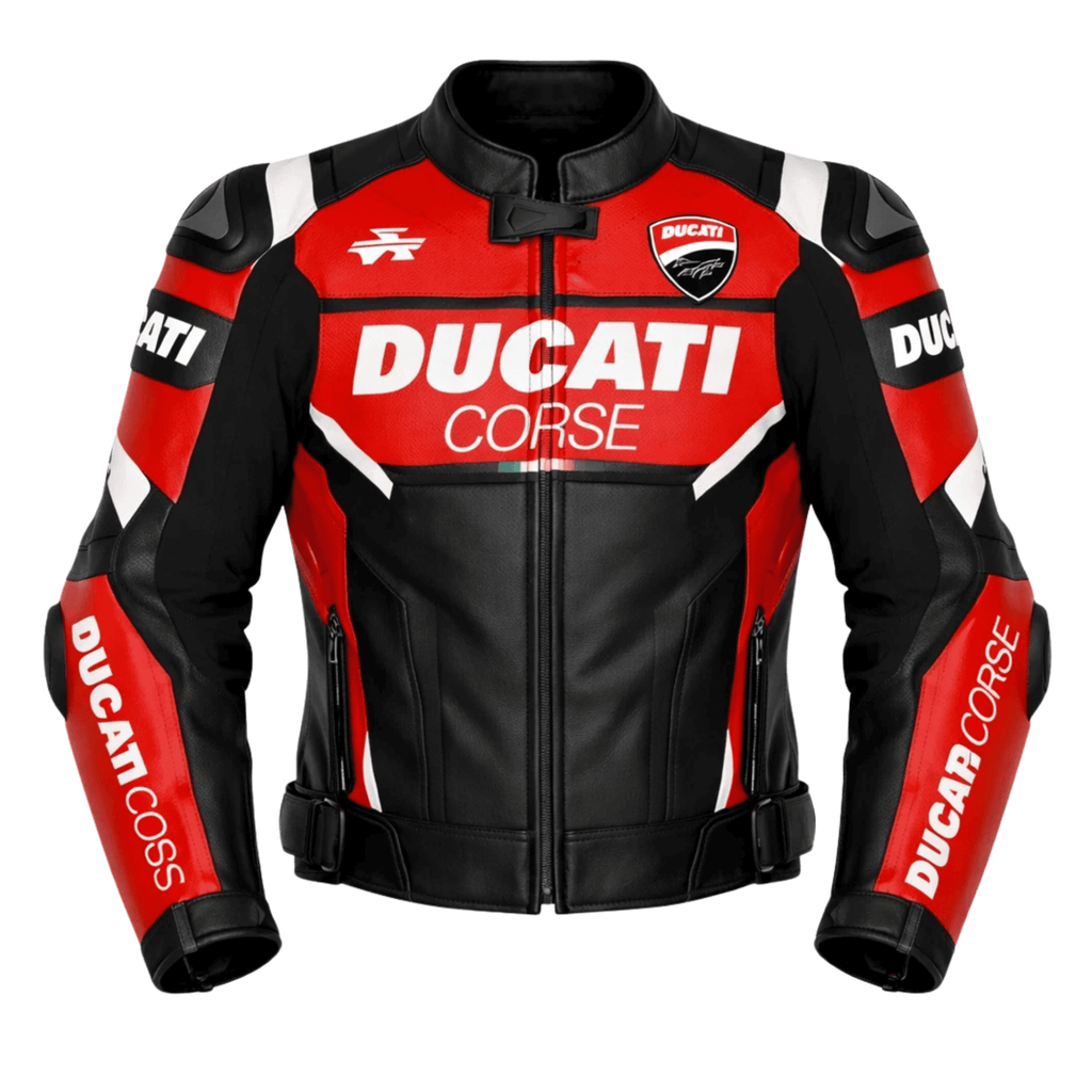 Ducati Corse Motorbike Racing Leather Jacket Black Red CE Armor