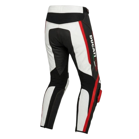 Ducati Style Leather Motorcycle Pants White Red CE Armored Riding Trouser