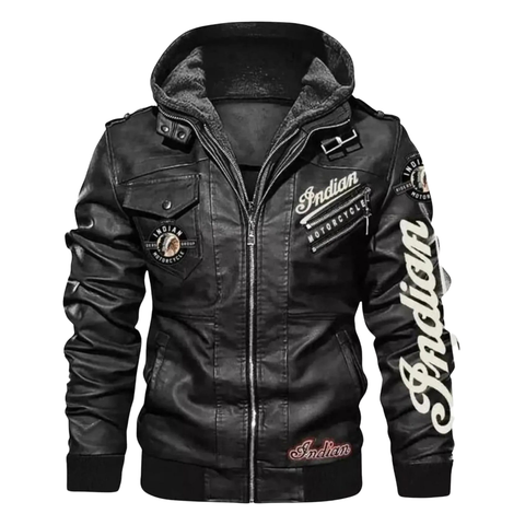 Indian Motorcycle Hooded Leather Biker Jacket Black Zip-Up Moto Coat