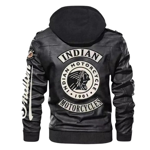 Indian Motorcycle Hooded Leather Biker Jacket Black Zip-Up Moto Coat