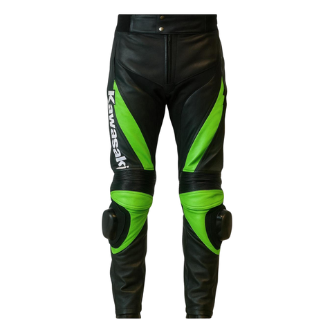 Men’s Kawasaki Racing Leather Motorcycle Pants Black Lime Green Knee Armor