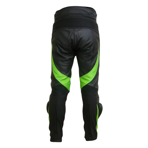 Men’s Kawasaki Racing Leather Motorcycle Pants Black Lime Green Knee Armor