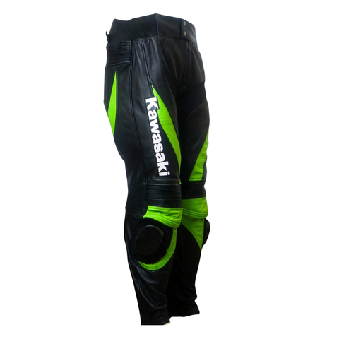 Men’s Kawasaki Racing Leather Motorcycle Pants Black Lime Green Knee Armor