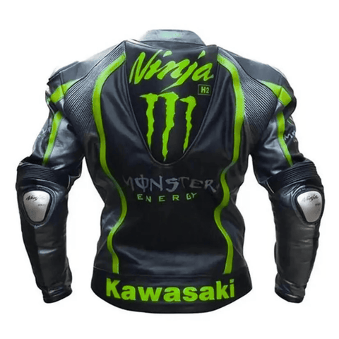 Men’s Kawasaki Racing Leather Jacket Black CE Armor Motorcycle Biker Jacket