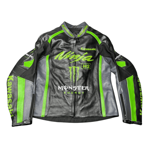 Men’s Kawasaki Racing Leather Jacket Black CE Armor Motorcycle Biker Jacket