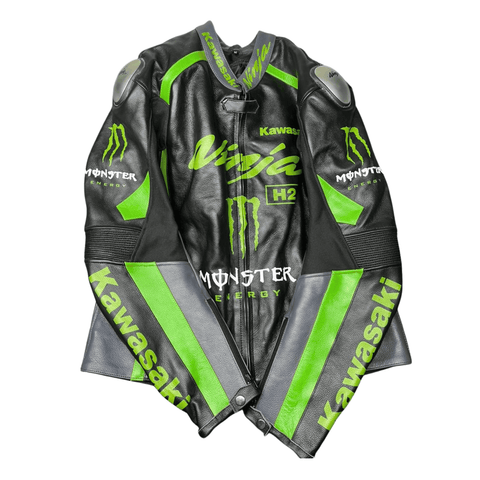 Men’s Kawasaki Racing Leather Jacket Black CE Armor Motorcycle Biker Jacket