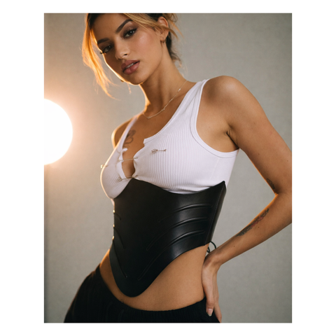 Maxkik Handcrafted Victorian Black Leather Overbust Corset Steel Boned Gothic Basque