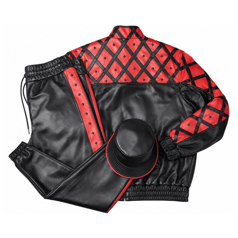 MCM Inspired Leather Tracksuit Set Black Red Leather Jacket Pants with Hat
