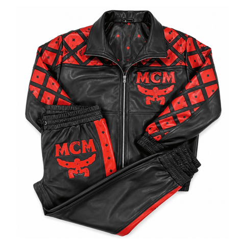 MCM Inspired Leather Tracksuit Set Black Red Leather Jacket Pants with Hat