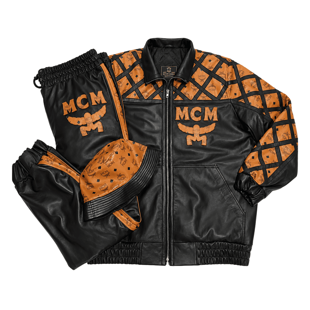 MCM Inspired Leather Tracksuit Set Black Brown Leather Jacket Pants with Hat