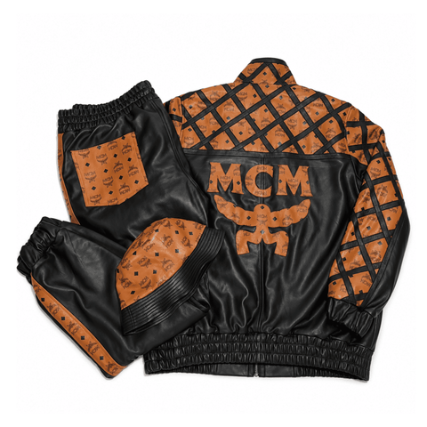MCM Inspired Leather Tracksuit Set Black Brown Leather Jacket Pants with Hat