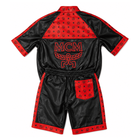 MCM Inspired Black Red Tracksuit Leather Jacket and Shorts Set