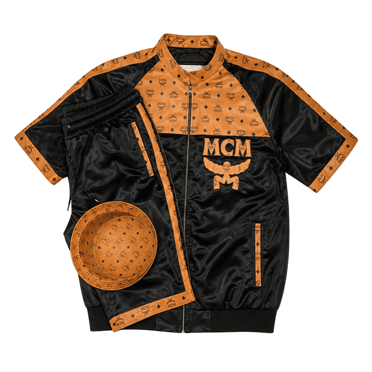 MCM Inspired Black Cognac Tracksuit Leather Jacket and Shorts Set