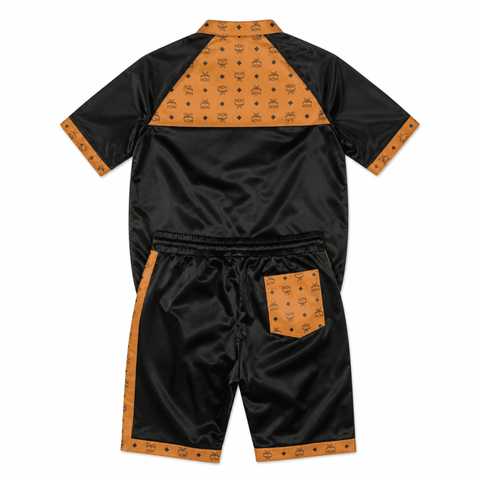 MCM Inspired Black Cognac Tracksuit Leather Jacket and Shorts Set