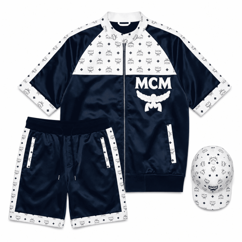 MCM Style Short Sleeve Leather Tracksuit Blue White Matching Shorts Set with Hat