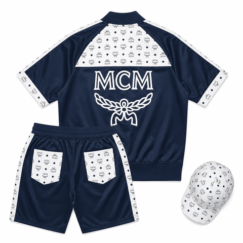 MCM Style Short Sleeve Leather Tracksuit Blue White Matching Shorts Set with Hat