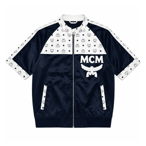 MCM Style Short Sleeve Leather Tracksuit Blue White Matching Shorts Set with Hat