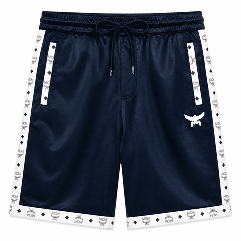 MCM Style Short Sleeve Leather Tracksuit Blue White Matching Shorts Set with Hat