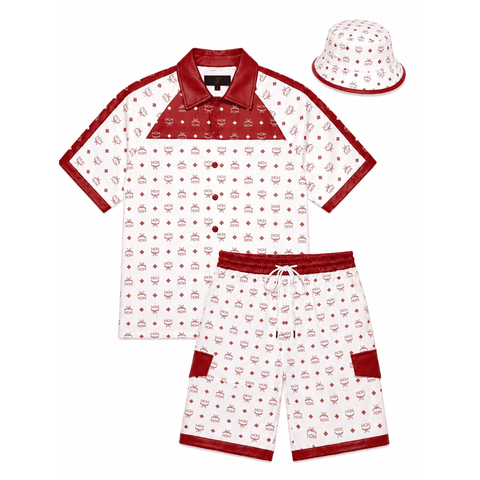MCM Men’s Red White Monogram Tracksuit Leather T-shirt and Short with Hat