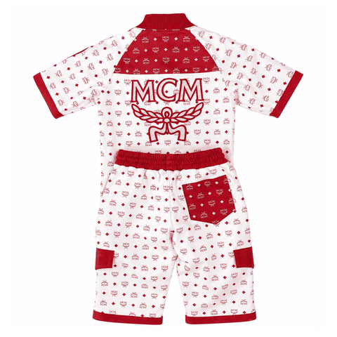 MCM Men’s Red White Monogram Tracksuit Leather T-shirt and Short with Hat