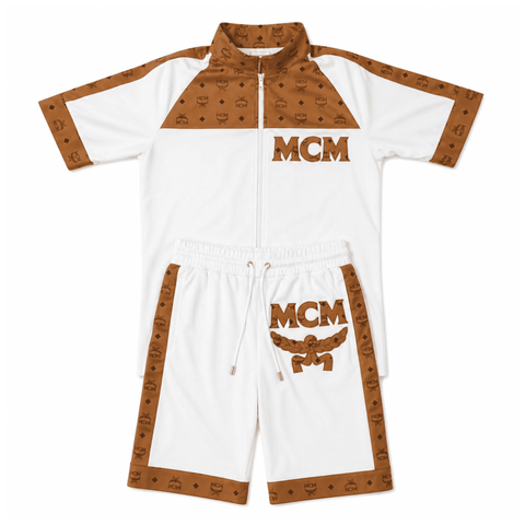 MCM Style Short Sleeve Leather Tracksuit White Brown Matching Shorts Set