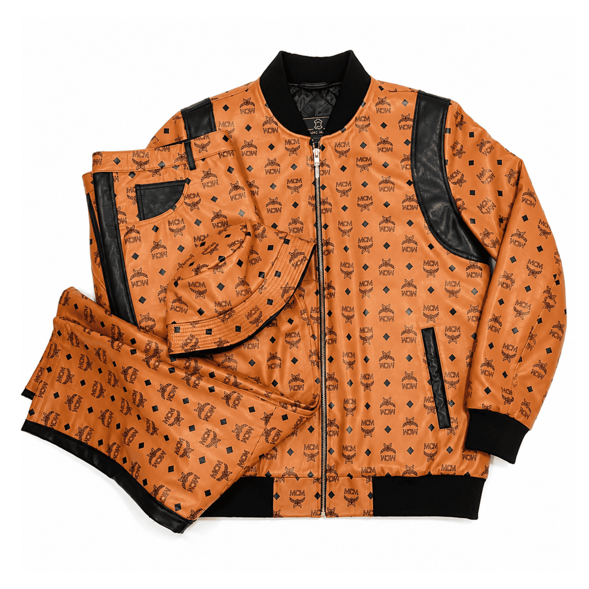 MCM Inspired Real Leather Tracksuit Black Cognac Signature Outfit with Leather Hat