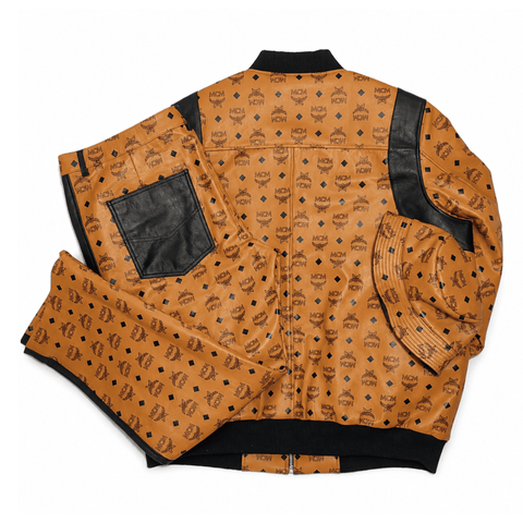 MCM Inspired Real Leather Tracksuit Black Cognac Signature Outfit with Leather Hat