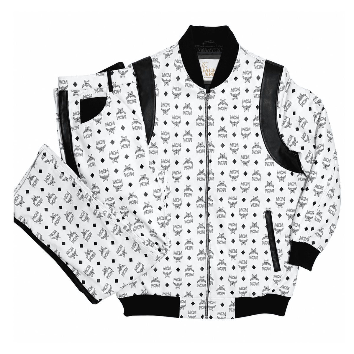 MCM Inspired Real Leather Tracksuit Black White Signature Outfit with Leather Hat