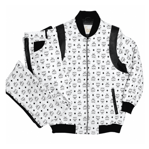 MCM Inspired Real Leather Tracksuit Black White Signature Outfit with Leather Hat