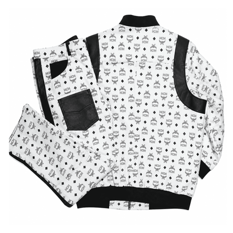 MCM Inspired Real Leather Tracksuit Black White Signature Outfit with Leather Hat