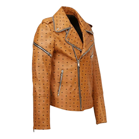 MCM Style Leather Jacket Cowhide Handmade Tan Biker Racing Jacket