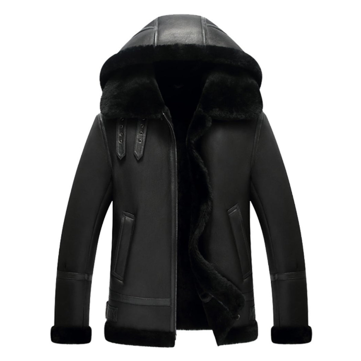 Maxkik Men’s Black Hooded B3 Leather Bomber Jacket Aviator Flight Jacket