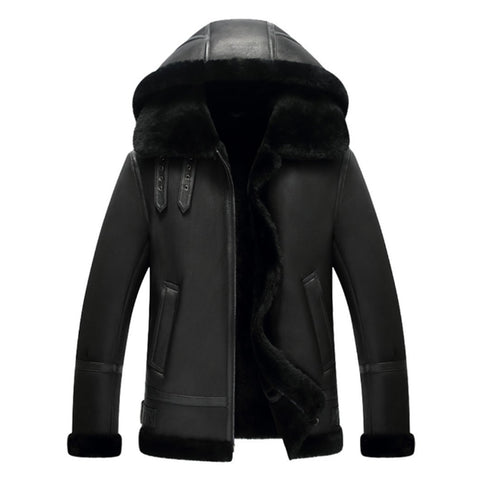 Maxkik Men’s Black Hooded B3 Leather Bomber Jacket Aviator Flight Jacket