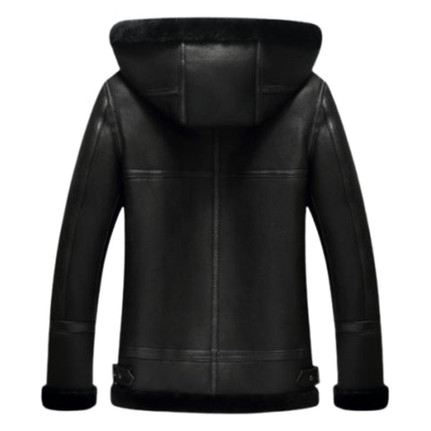 Maxkik Men’s Black Hooded B3 Leather Bomber Jacket Aviator Flight Jacket