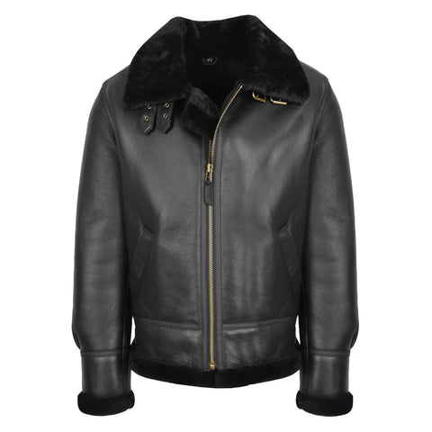 Maxkik Men's B3 Sheepskin Leather Jacket Black Classic Aviator Leather Coat