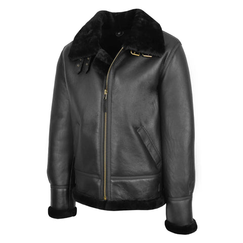 Maxkik Men's B3 Sheepskin Leather Jacket Black Classic Aviator Leather Coat
