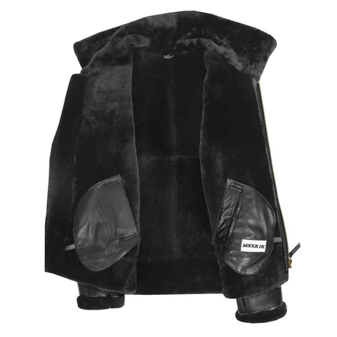 Maxkik Men's B3 Sheepskin Leather Jacket Black Classic Aviator Leather Coat