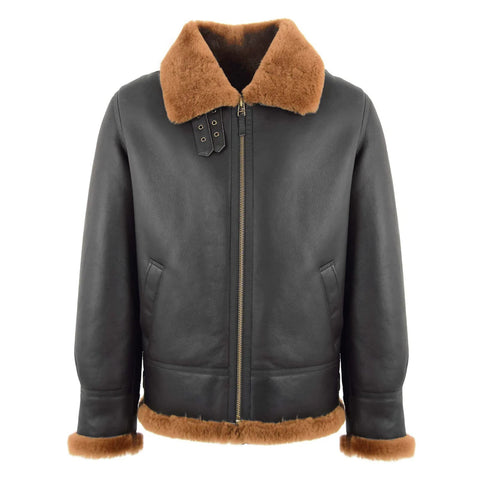 Maxkik Men's B3 Sheepskin Leather Jacket Brown Ginger Classic Aviator Leather Coat